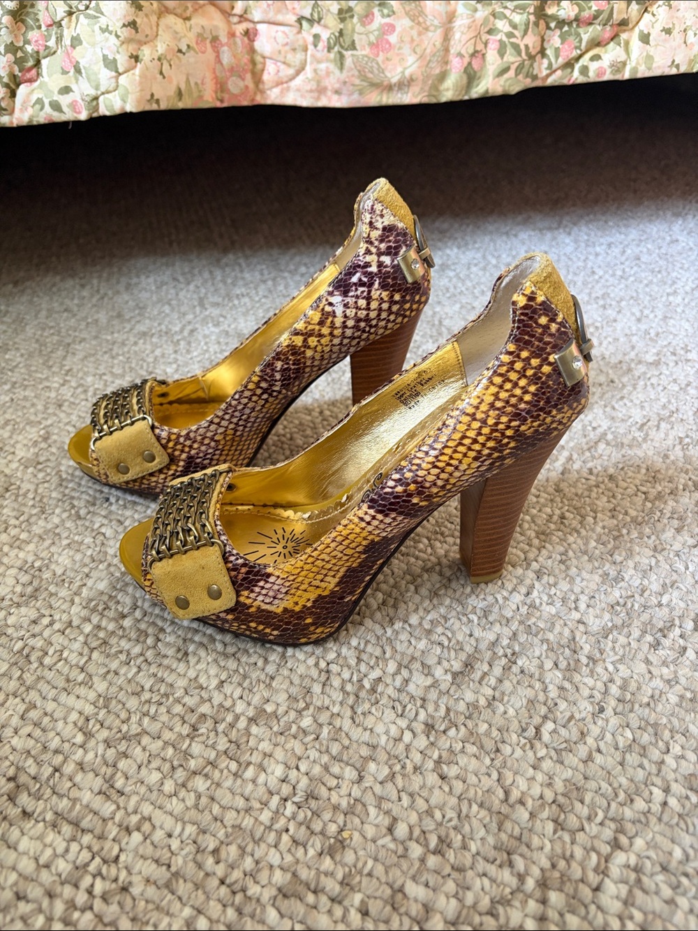 Naughty Monkey Yellow Snake-Print Peep-Toe Heels with Chain Accent